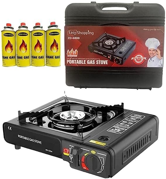 220g Butane Gas Canisters and Portable Camping Gas Cooker - Single Burner Butane BBQ Caravan Outdoor Party Stove with Carry Case (Stove + 4 x Canisters)