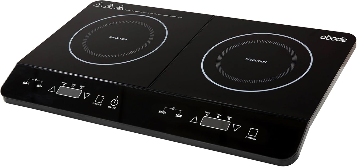 Abode Double Induction Hob Portable Digital Touch Control 2800W Double Electric Hob with 2 Cooking Zones, Plug In & Go, 10 Heat Settings 3 Hour Timer Black, Child Safety Lock AINDH2003