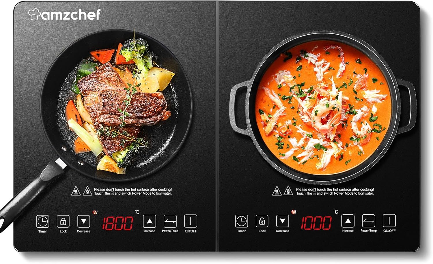 AMZCHEF Double Induction Hob, Induction Cooker with Portable Ultra-thin Body, Independent Control,10 Temperature, Multiple Power Levels, 2800W, 3-Hour Timer, Safety Lock