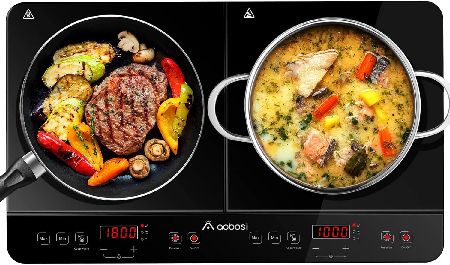 Aobosi Double Induction hob,Induction Cooker with Portable Black Glass Plate, Independent Control,One-click Max and Min Power Control 2800W,20 Temperature Setting[Upgrade],Safety Lock,4-Hour Timer