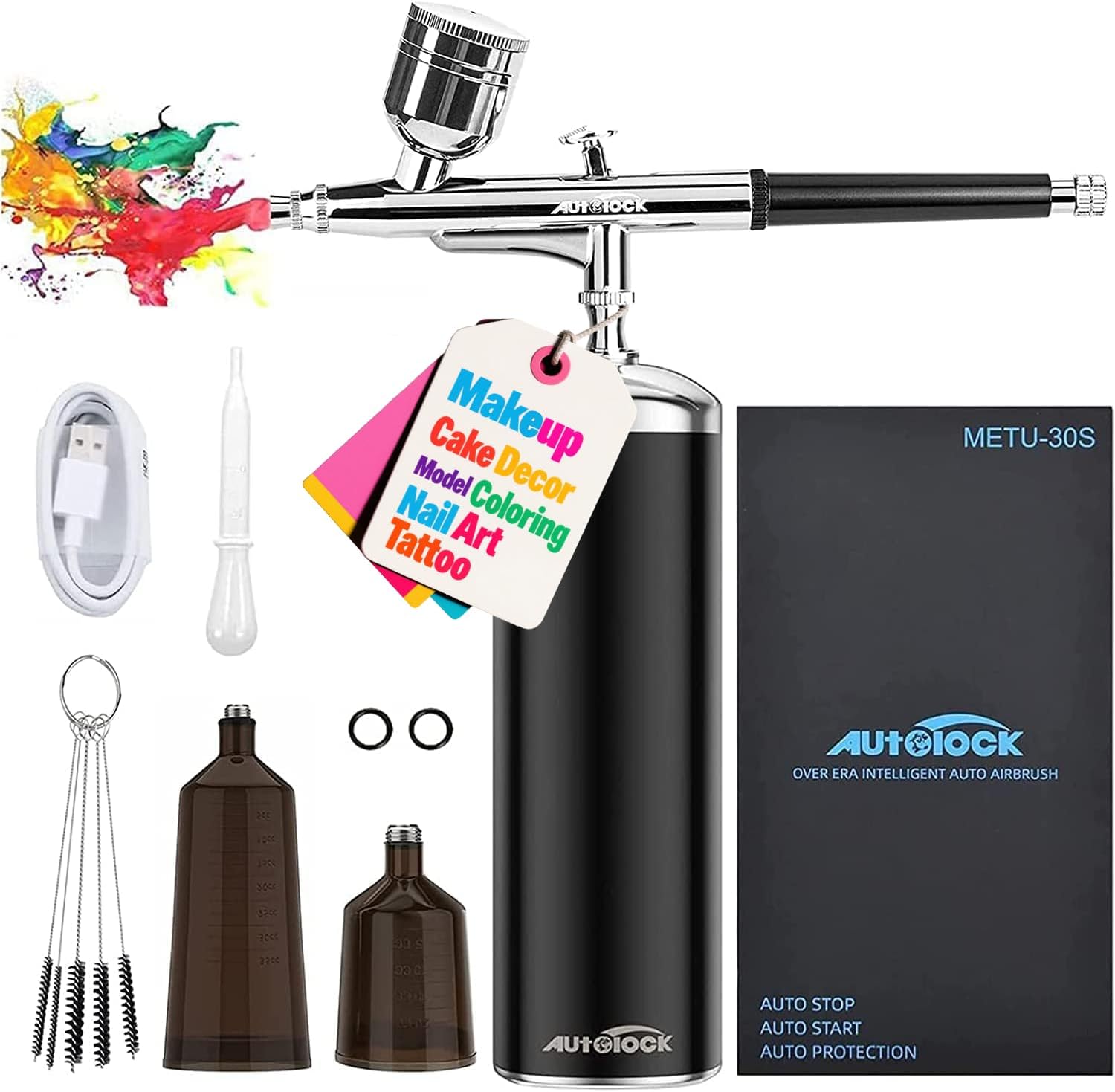 Autolock Airbrush, airbrush Set 30PSI with Compressor, Portable Airbrush Kit and Rechargeable Hand Airbrush Set, for Makeup, Cake Decoration, Model Colouring, Nail Art, Tattoo