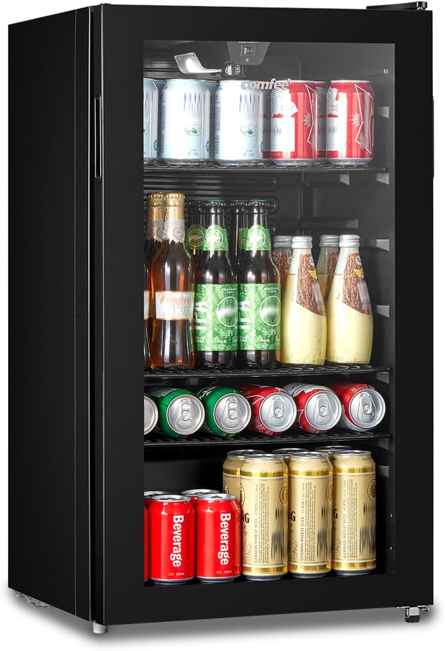 COMFEE' RCZ99BG2(E) Under Counter Beer & Drinks Fridge-93L Capacity,Holds up to 115 Cans, Premium Temperature Performance (2℃ to 15℃), Full Length Low-E Glass, Removable Shelves, LED Light, Low Noise [Energy Class E]