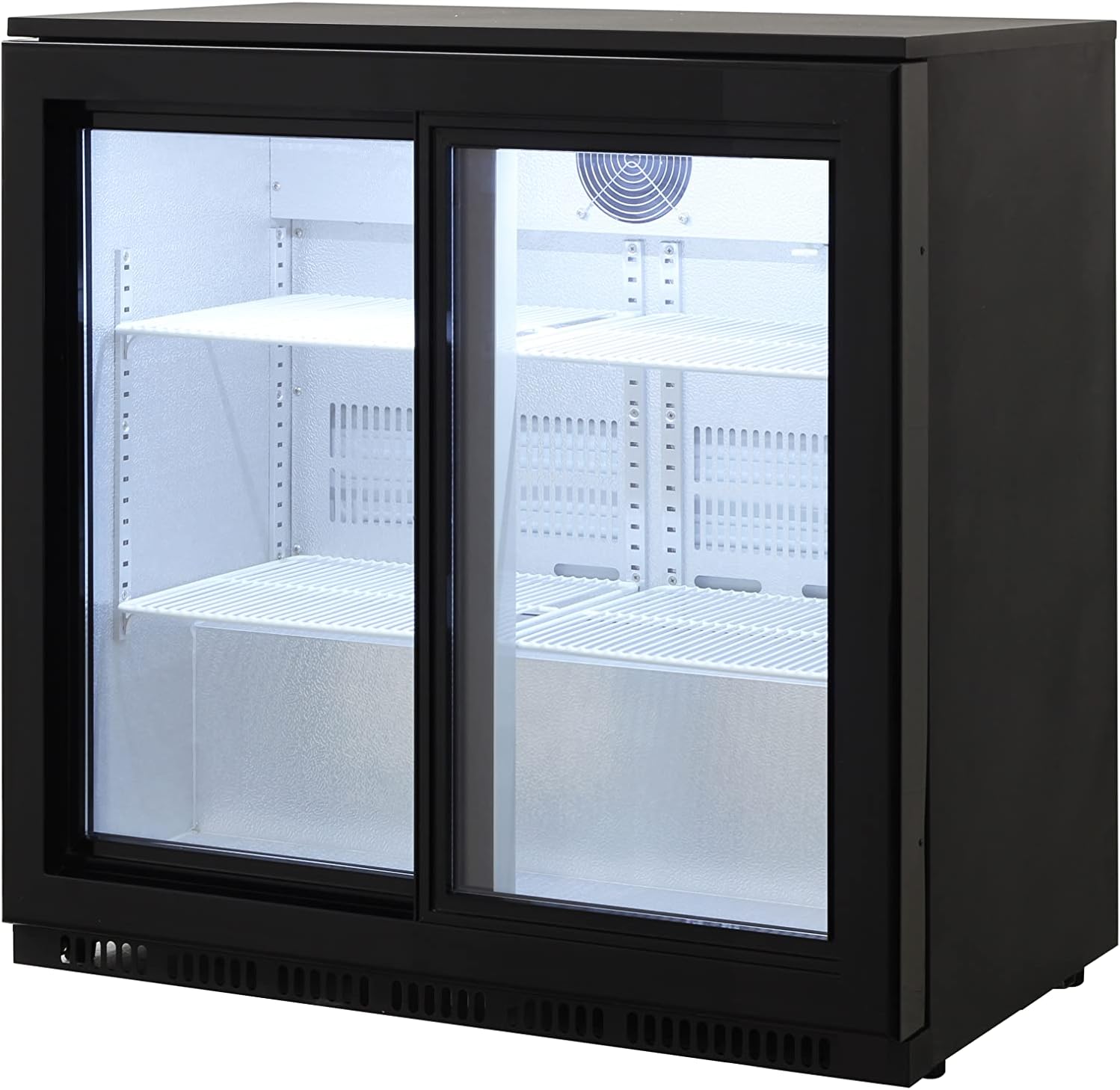 Cookology CCBF210BK Commercial 210 Litre Back Bar Beverage Cooler, Auto Defrost, LED Lights and Self Closing Sliding Doors - in Black [Energy Class E]