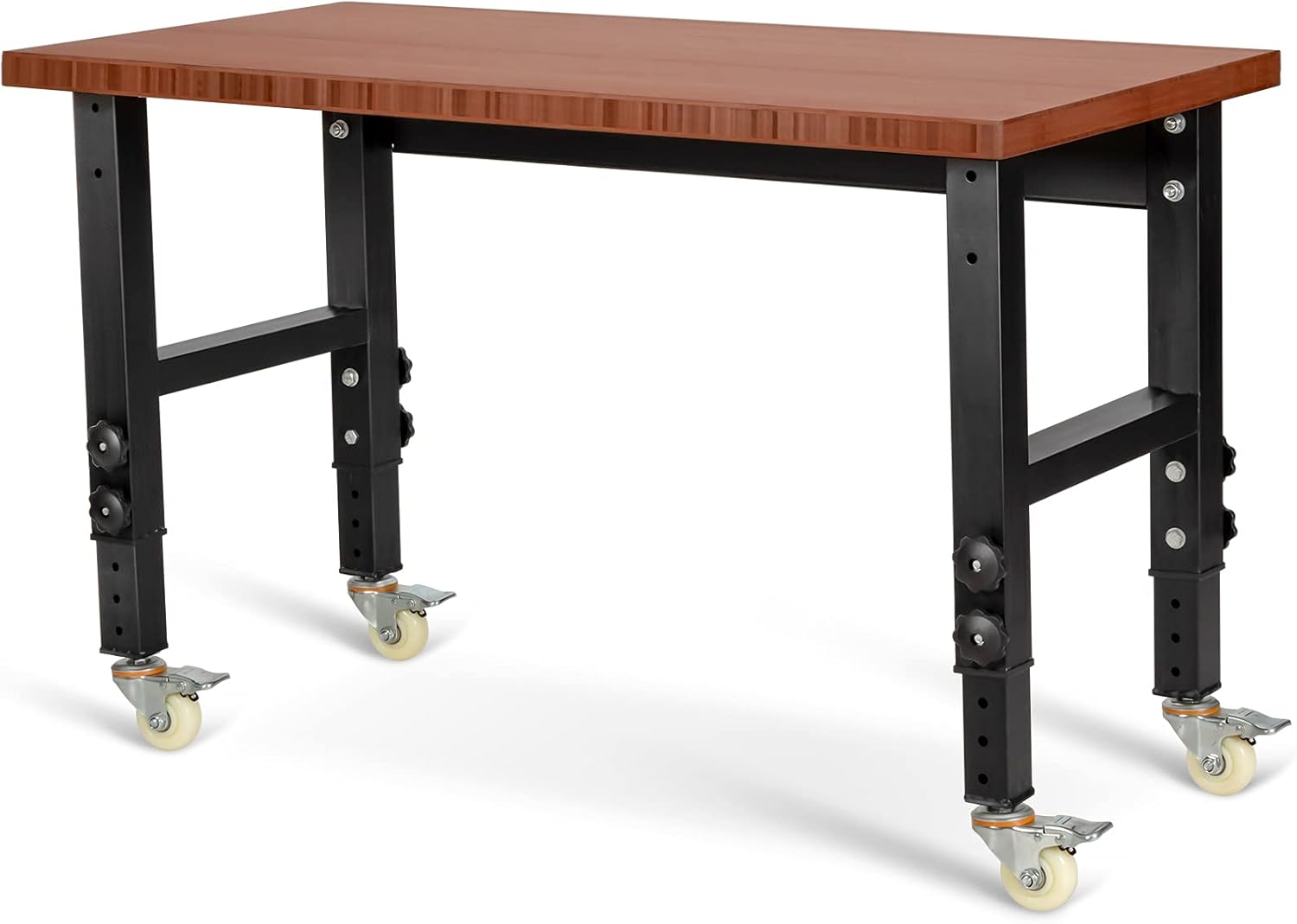COSTWAY 120cm Adjustable Workbench, 10-Level Height Rolling Garage Work Bench with 4 Lockable Casters and Bamboo Top, Heavy Duty Steel Workstation for Home Workshop, 500 kg Load Capacity (Brown)