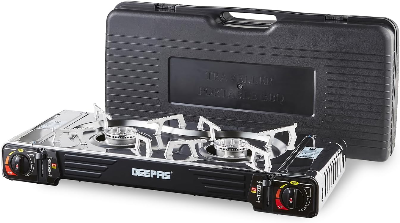 Geepas Portable Camping Gas Stove, Double Burner – BBQ Cooker, Outdoor Grill Plate – Automatic Ignition System, Butane Can - BBQ Caravan Outdoor