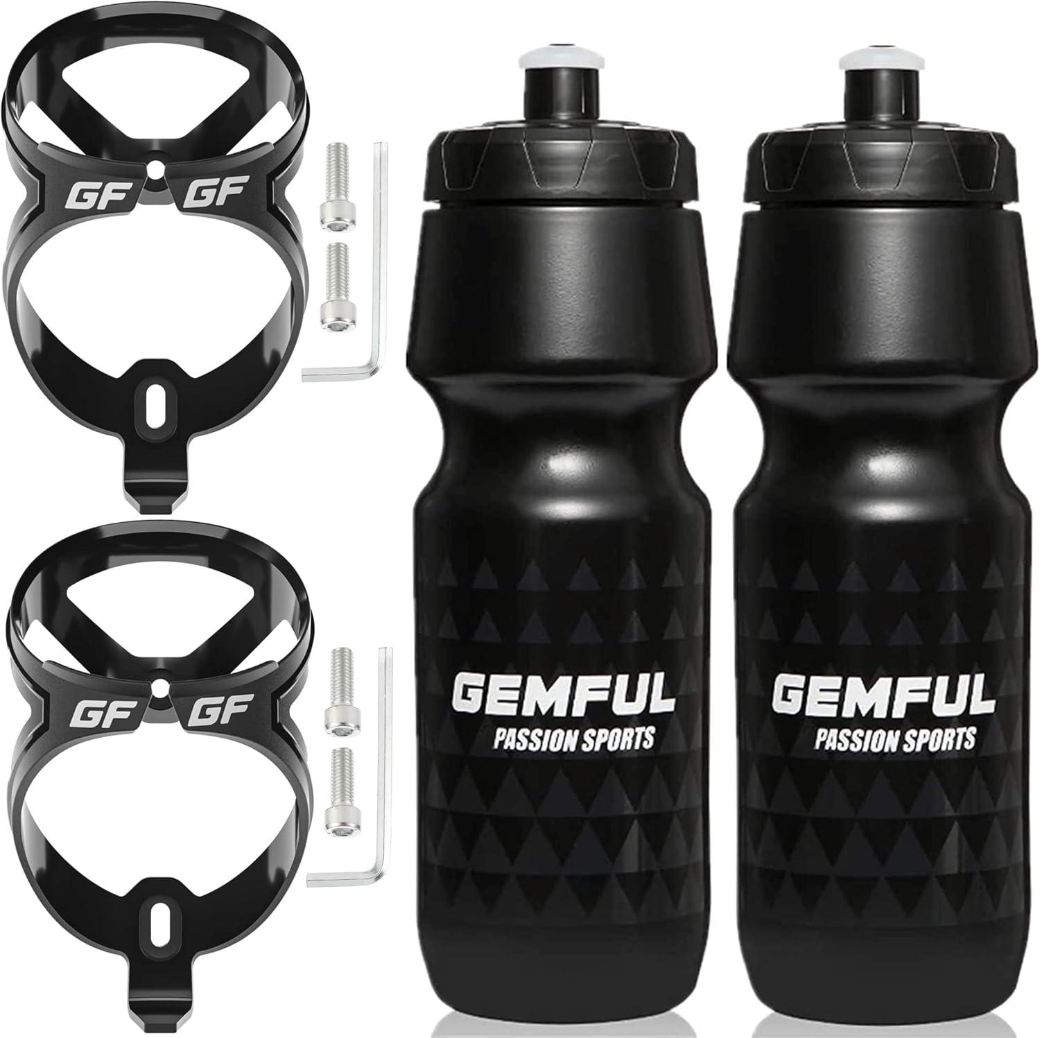 GEMFUL Bike Water Bottle Cage with 750 ml Bicycle Bottle Set BPA Free for Cycling Road Mountain Bike 4 Pack(2 Black Bottles with 2 Holders)