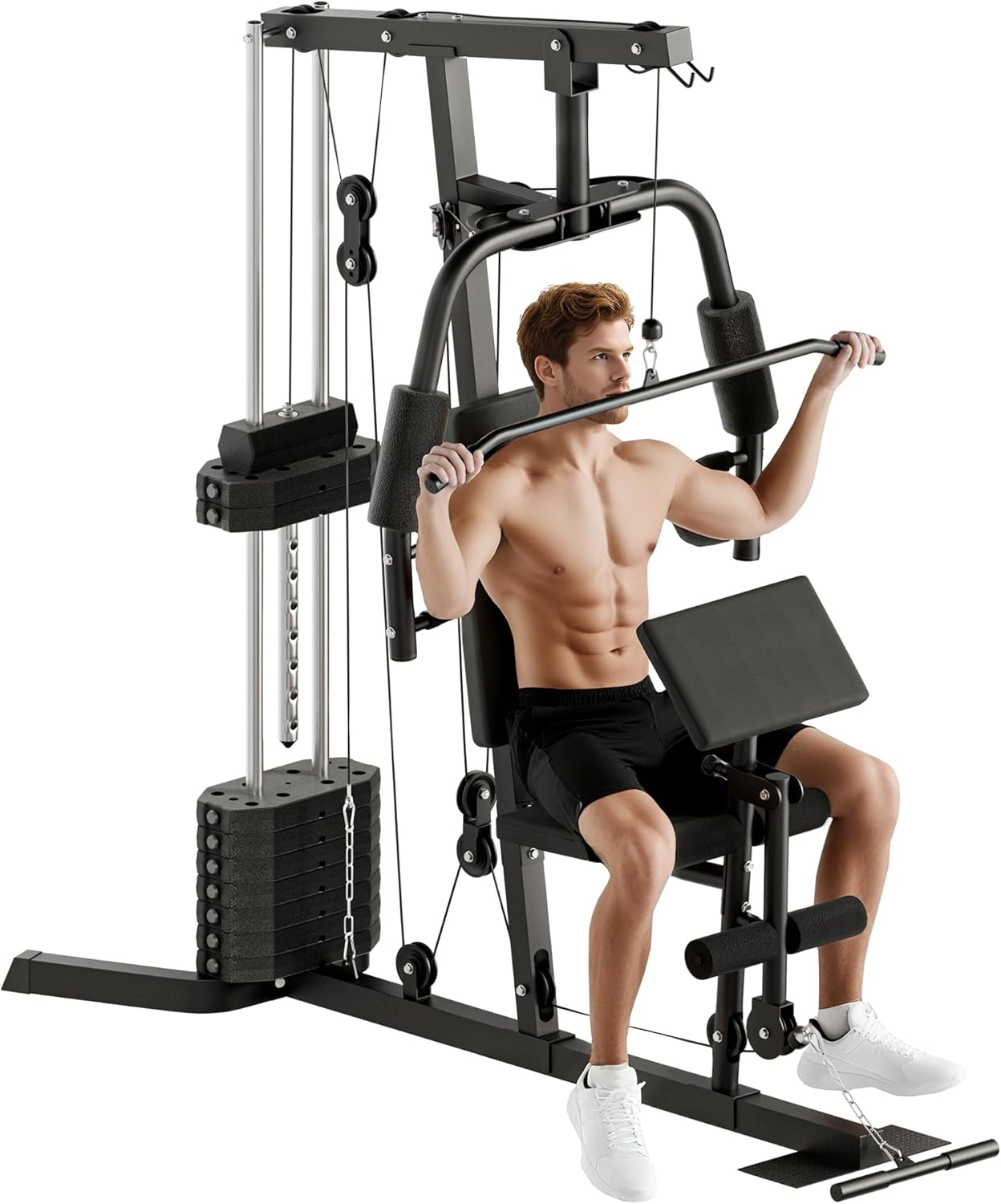HOMCOM Multi Gym Equipment, Multifunction Home Gym Machine with 45kg Weight Stack, for Lat Pulldown, Leg Extensions, Preacher Bicep Curls, Triceps Pulldowns, Chest Press, Strength Training