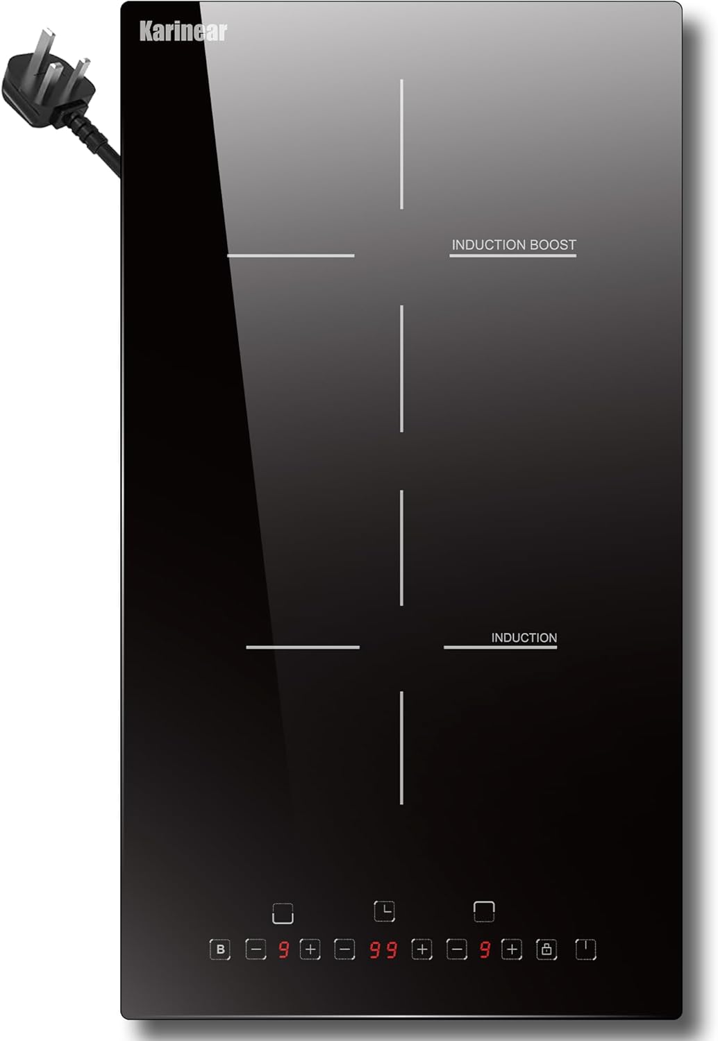 Karinear Plug in Induction Hob, 2800W Built-In Electric Hob with 9 Power Level, 2 Ring Induction Hob up to 99 mins Timer, Touch Control with Child Lock, Boost,290 * 520 * 61mm