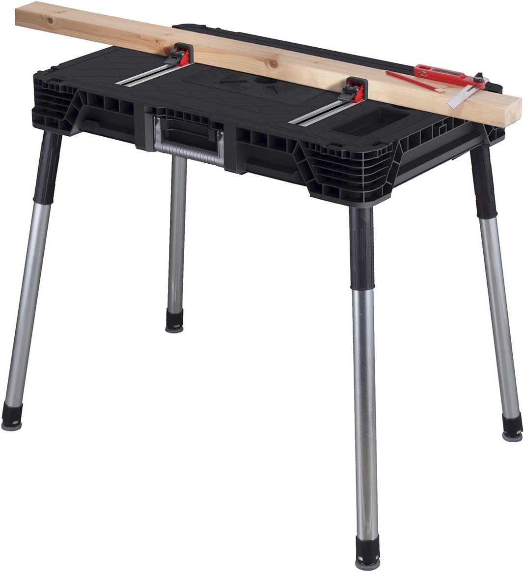 KETER Jobmade Portable Work Bench and Miter Saw Table for Woodworking Tools and Accessories with Included Wood Clamps – Removable Table Legs for Easy Garage Storage