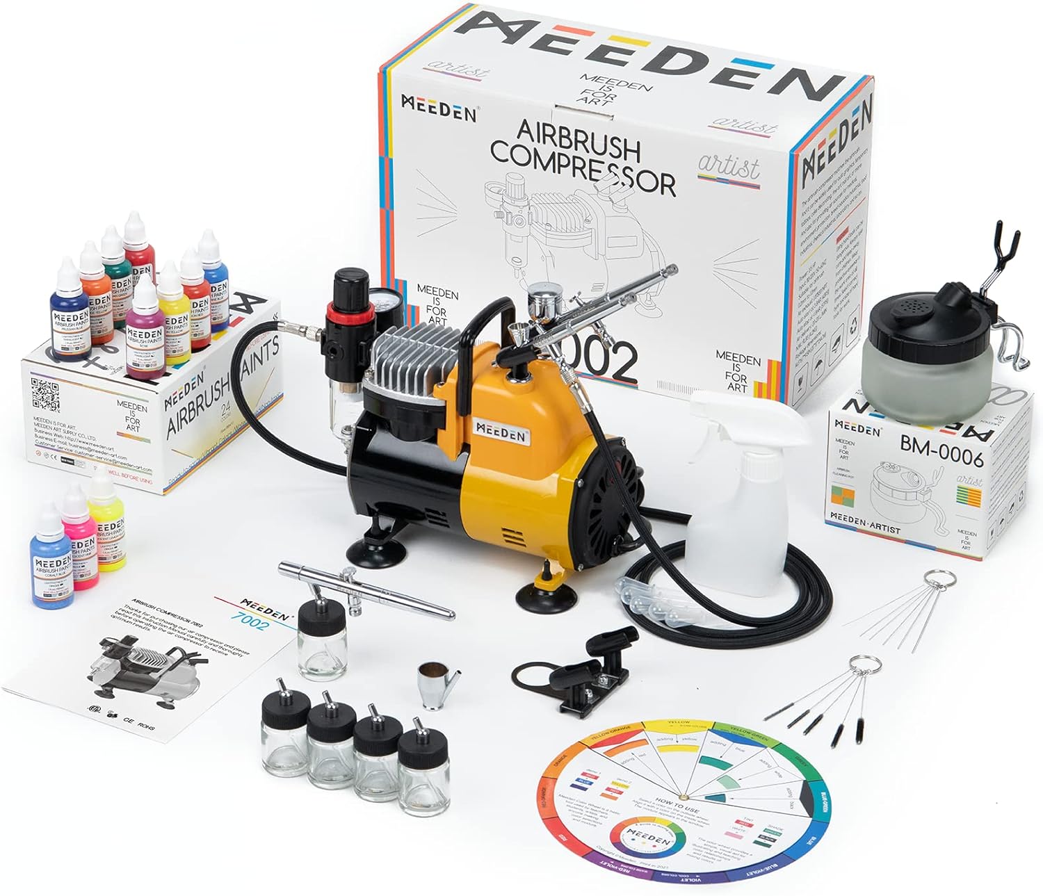 MEEDEN Airbrush Kit with Compressor and Guns - 1/5 HP Quite Air Compressor for Model Painting with 3 Dual-Action Airbrush Guns - 24 Colors 30ml Acrylic Spray Paint Set with Hose