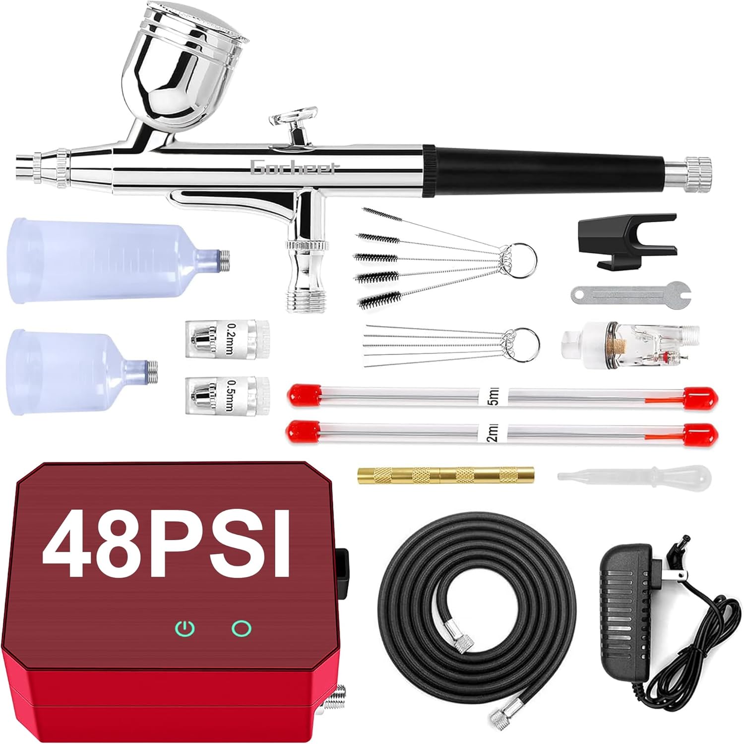 Omeyo Airbrush Kit with Air Compressor, 48 PSI High Pressure Air Brush Non-Clogging with 0.2/0.3/0.5mm Nozzle/Cleaning Sets, Ideal for Painting, Modeling, Cake Decor, Pastry, Makeup, Nail Art Red.