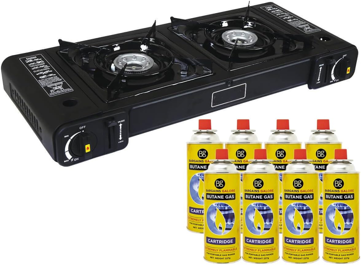 Portable Double Gas Cooker Stove + 8 Butane Gas Bottles Canisters - For Outdoor Camping, Fishing, Caravan & BBQ | Premium Burner, Automatic Ignition & Heater Control, EN417 Compliant - Black Grill