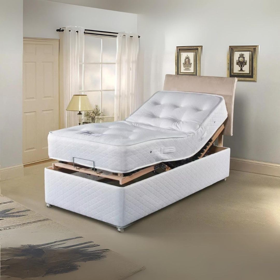 Rebound Sprung Memory Electric Adjustable Bed with Free Headboard & 10" Orthopaedic Pocket Spring Mattress, 5-Motion Movement Base, Breathable Cover (Beige, Small Double (120cm x 200cm))