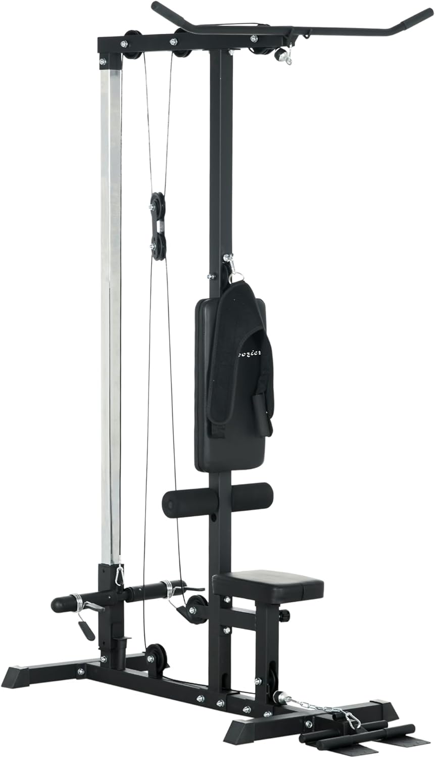 Soozier LAT Pull Down Machine Cable Station, High and Low Pulley System with Adjustable Seat and Flip-Up Footplate, for Home Gym