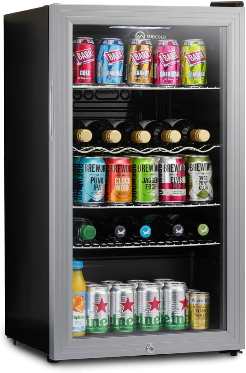 Subcold Super85 LED - Under-Counter Fridge | 85L Beer, Wine & Drinks Fridge | LED Light + Lock and Key | Energy Efficient (Silver, 85L) [Energy Class E]
