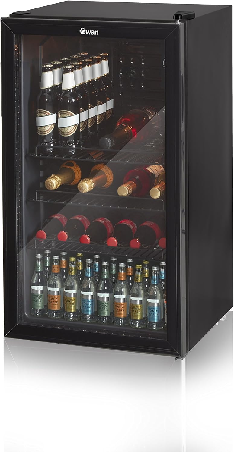 Swan SR12030BN 80L Glass Fronted Undercounter Freestanding Beverage/Drinks Fridge for Wine, Drinks & Snacks, 85W, Black [Energy Class E]