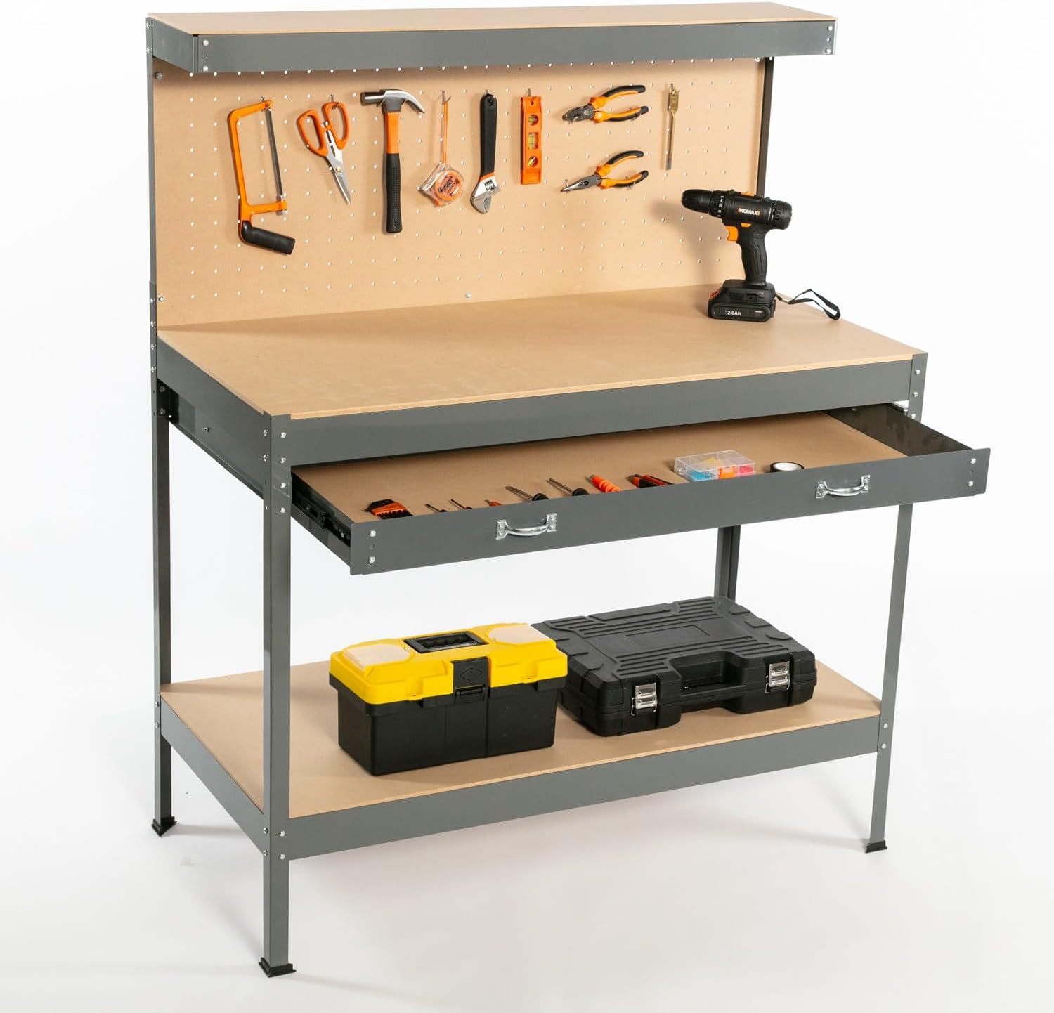 SwitZer Garage Pegboard Workbench Shed Metal MDF Work Table Tool Equipment Storage Drawer Shelves 12 Hanging Hooks Home DIY Workshop Station Grey