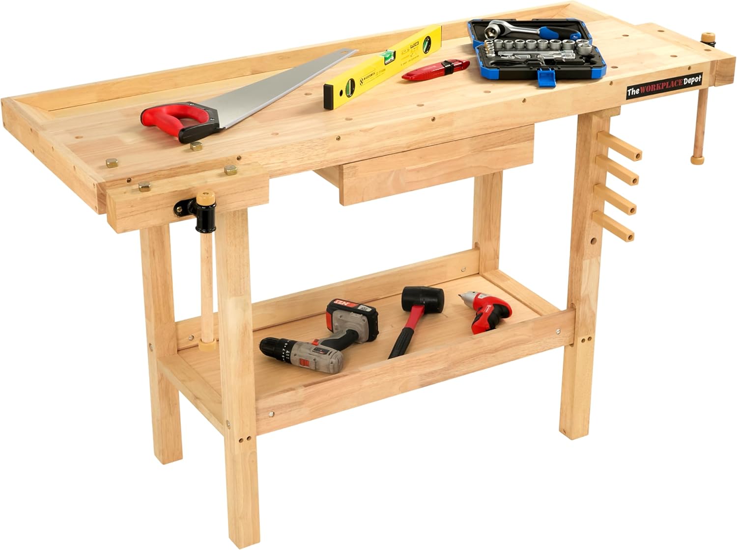 The Workplace Depot Wooden Workbench – Heavy-Duty Workstation with Rapid-Action Vices & Integrated Storage, Ideal for DIY, Carpentry & Professional Workshops