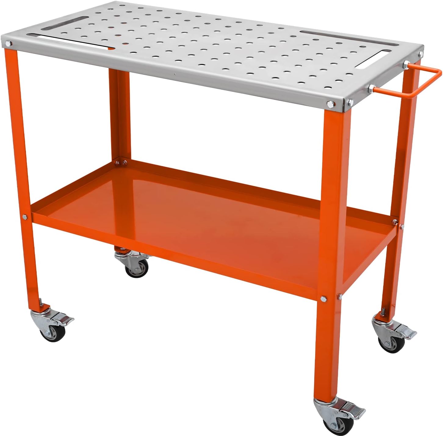 VEVOR Welding Table 36" x 18", 1200lbs Load Capacity Steel Welding Workbench Table on Wheels, 2 Layers Portable Work Bench with Braking Casters, 4 Tool Slots, 5/8-inch Fixture Holes
