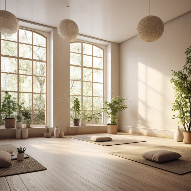 A bright and calming yoga studio with natural light and plants, ideal for stretching exercises and muscle recovery
