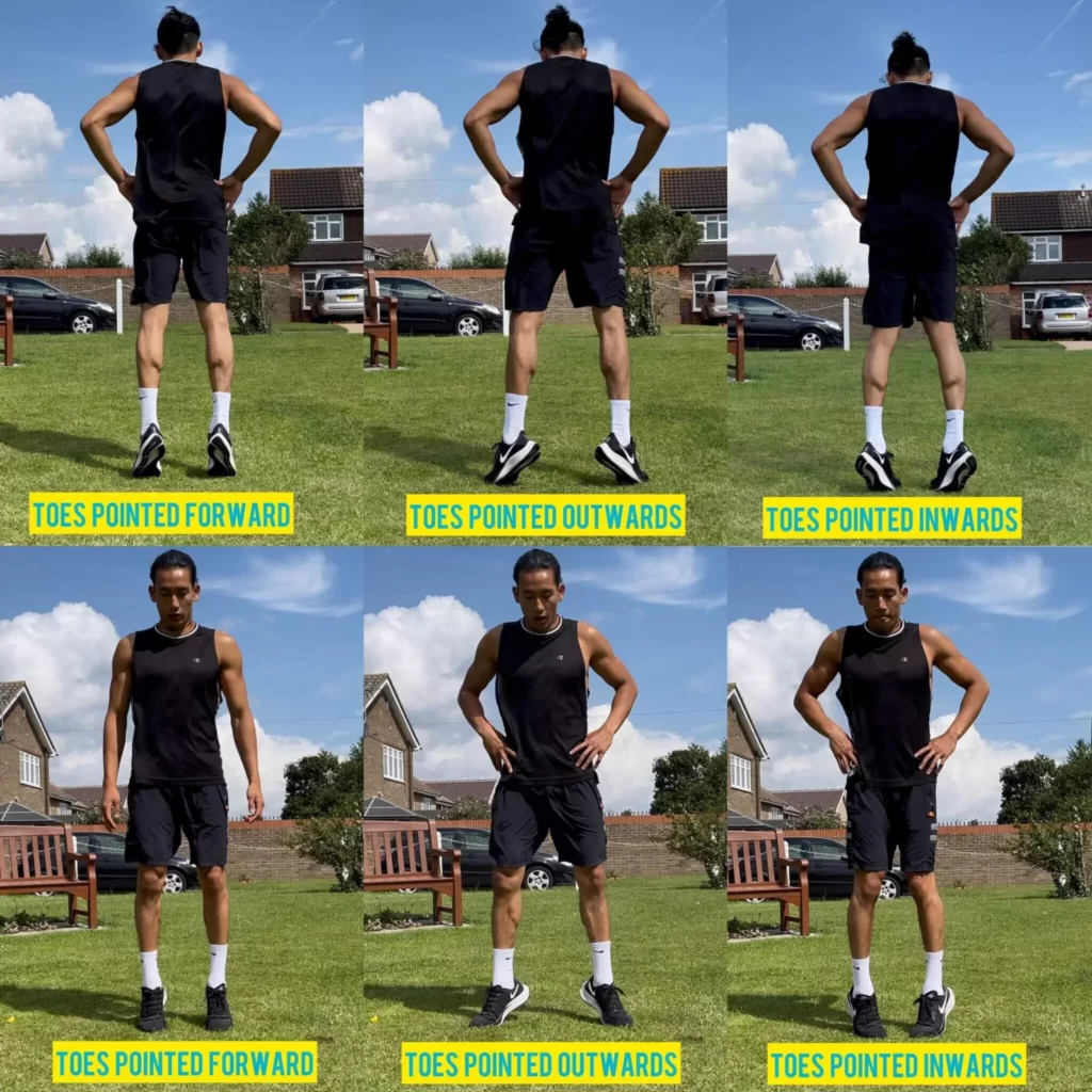 Demonstration of calf raise exercises with toes pointed forward, outwards, and inwards from front and back views