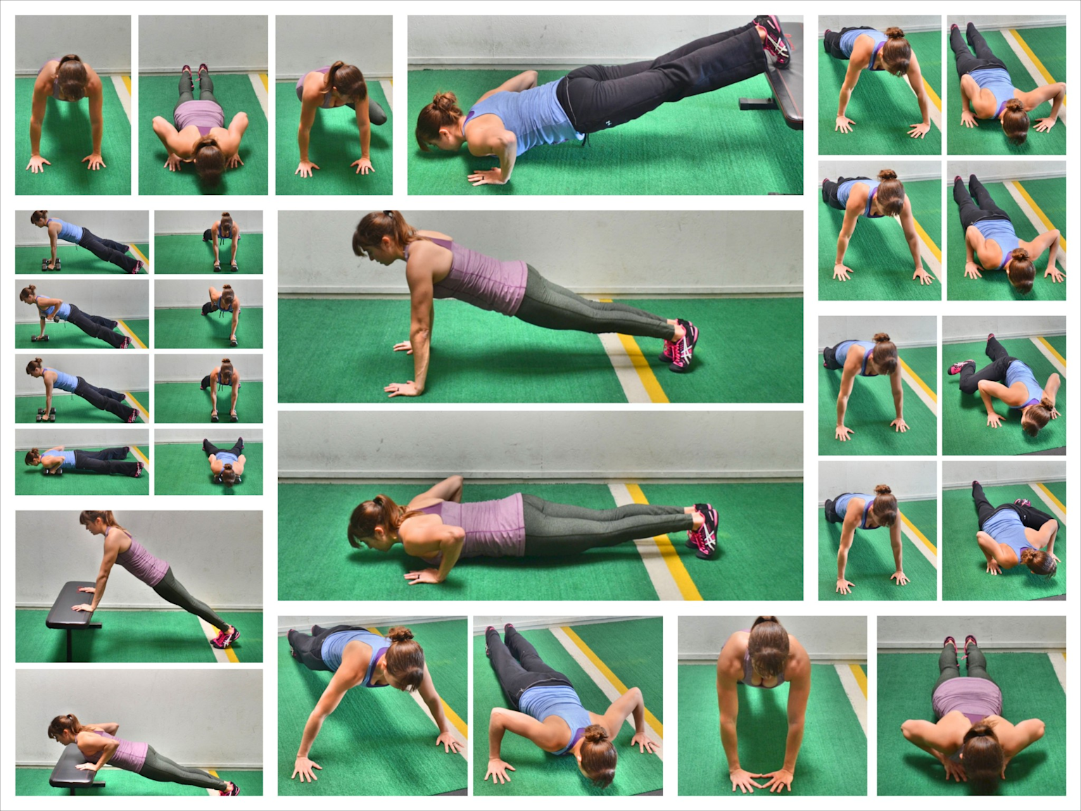 Detailed photo collage showing proper push-up form and variations from multiple angles