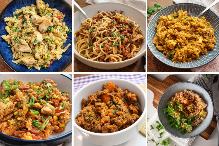 Variety of healthy post-workout meals showcasing balanced nutrition for muscle recovery