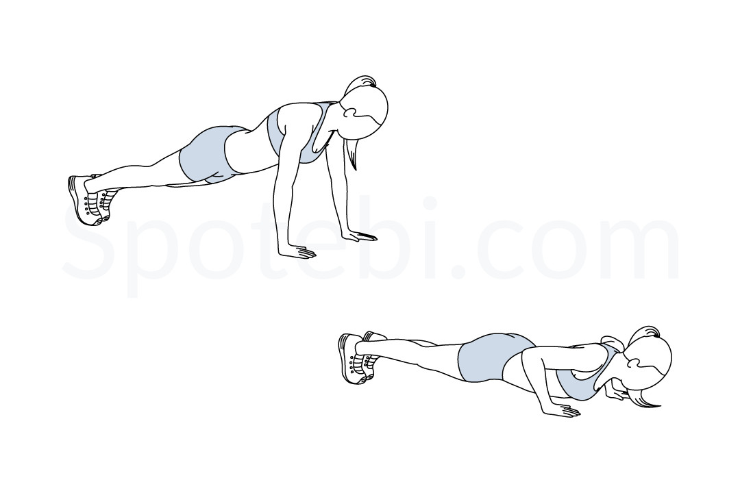 Illustration showing proper push-up form in two stages: plank and lowering position