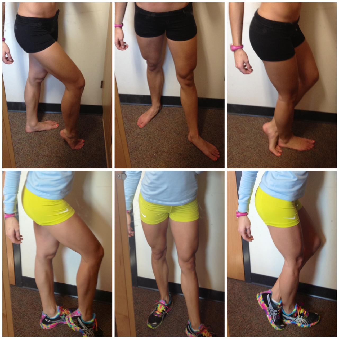 Comparison of calf muscle development progress shown through side and front views in two stages with different outfits