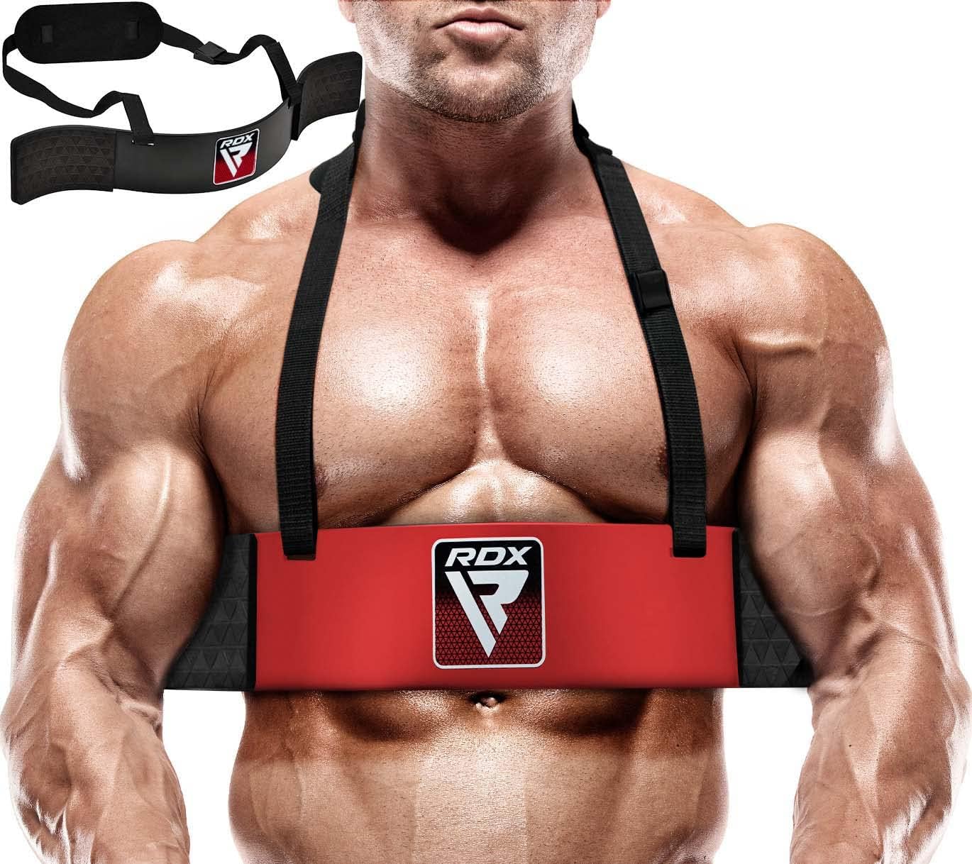 Muscular athlete wearing a red RDX arm blaster with adjustable neck strap, close-up of chest and arms; inset shows the product alone.