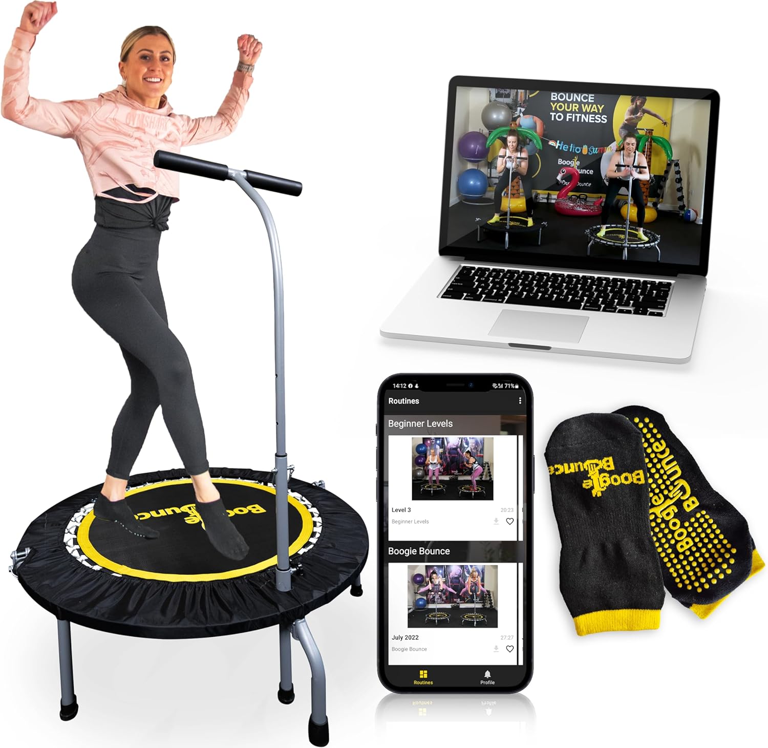 Boogie Bounce Rebounder | Folding & Super-Quiet Fitness Trampoline For Adults & Children | New Mobile App & Online Workouts Every Month | Adjustable Handle & 20st Weight Limit