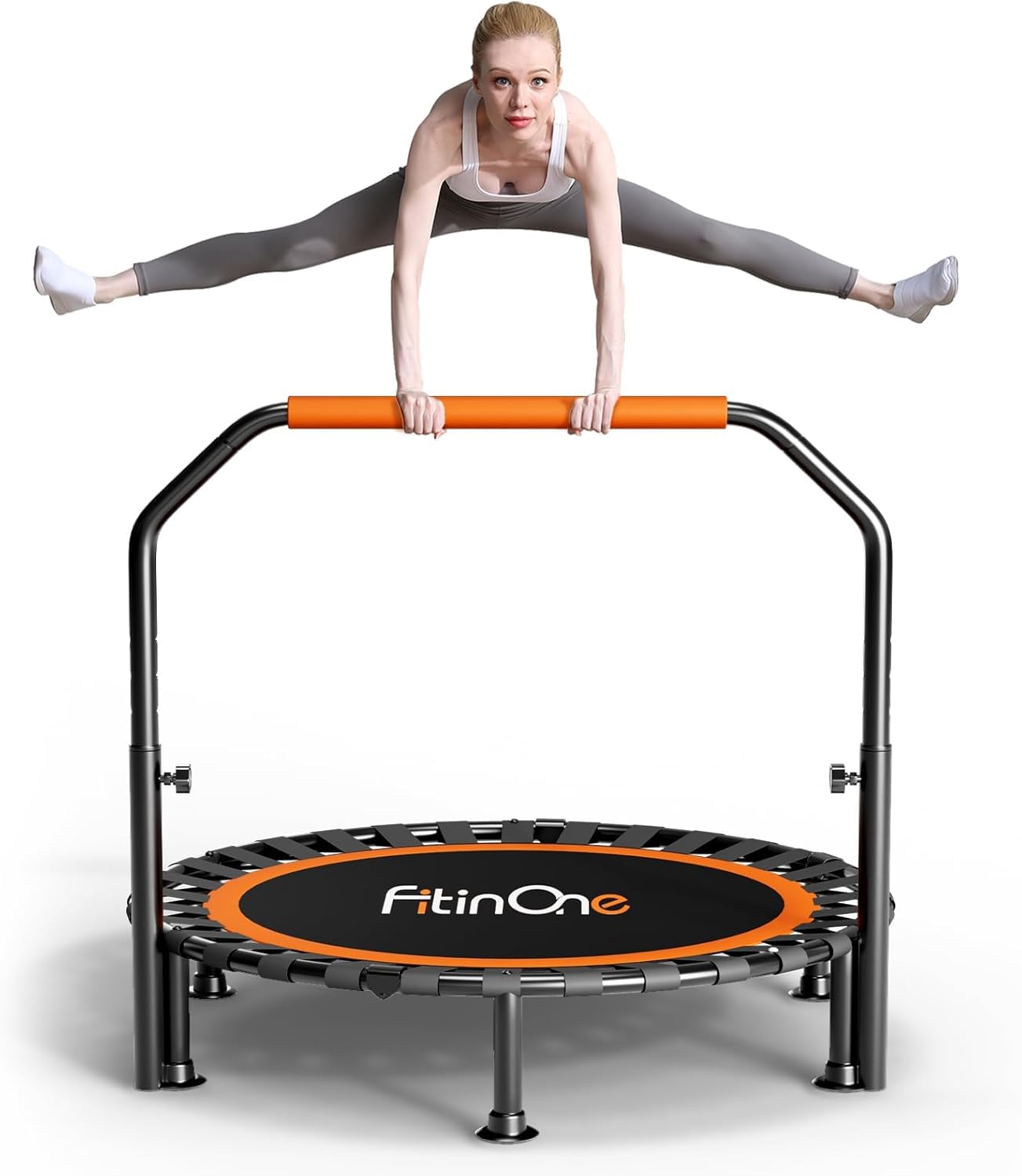 FitinOne 40" Folding Mini Trampoline Max Load 150KG, Indoor Exercise Rebounder with Handle, Fitness Trampoline for Adults and Kids with Bungee Band