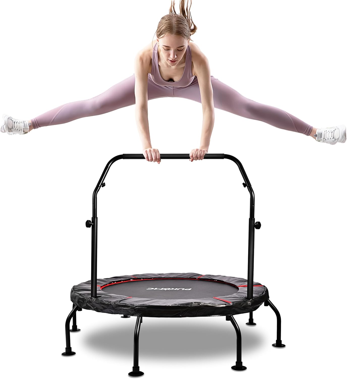 Pukomc 48-Inch Foldable Fitness Trampoline – Max Load 450 lbs, Rebounder Trampoline for Adults with Adjustable U-Shaped Foam Handle, Silent Bungee Workout Trampolines for Indoor/Outdoor Body Exercise