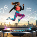 Athletic woman jumping on a mini trampoline on a rooftop at sunset, city skyline behind, with neon motion trails and fitness-tracking icons.