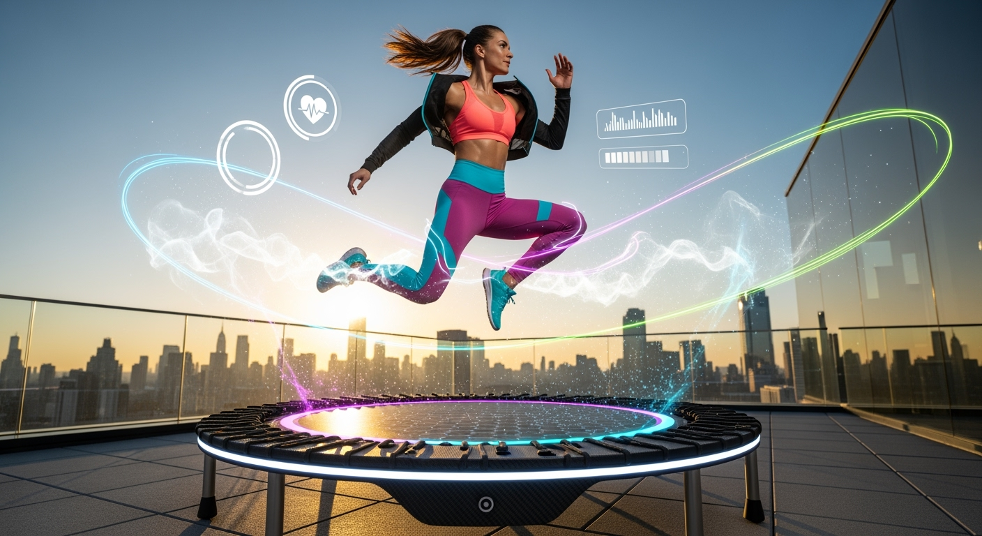 Athletic woman jumping on a mini trampoline on a rooftop at sunset, city skyline behind, with neon motion trails and fitness-tracking icons.