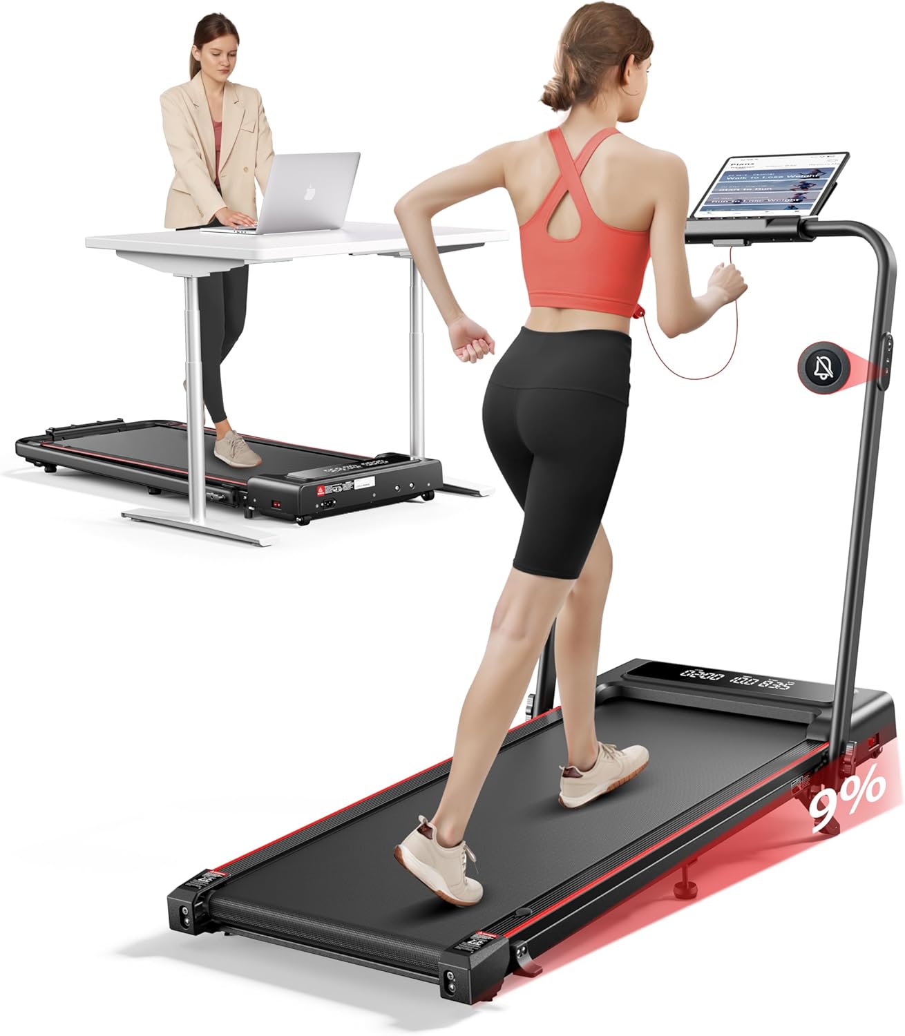 4 in 1 Folding Treadmill with 9% Incline, TOPUTURE Treadmills for Home & Office, 2.5HP Dual Display Under Desk Treadmill, 12 km/h Walking Pad, Mute Magnetic Remote, App & Bluetooth