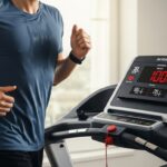 Person running on an adjustable incline treadmill indoors, wearing a blue athletic shirt and black pants. The treadmill display shows workout metrics including heart rate, calories burned, and intensity level.