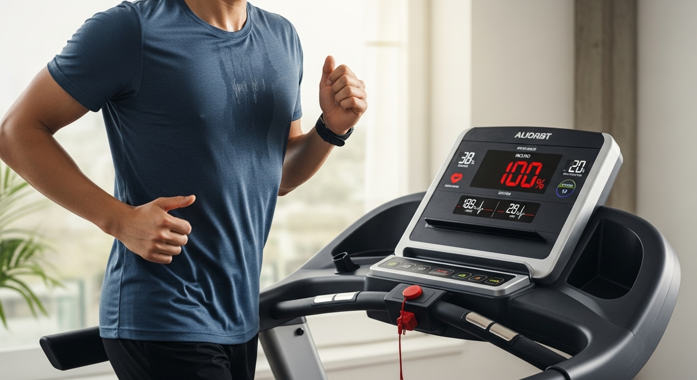 Person running on an adjustable incline treadmill indoors, wearing a blue athletic shirt and black pants. The treadmill display shows workout metrics including heart rate, calories burned, and intensity level.