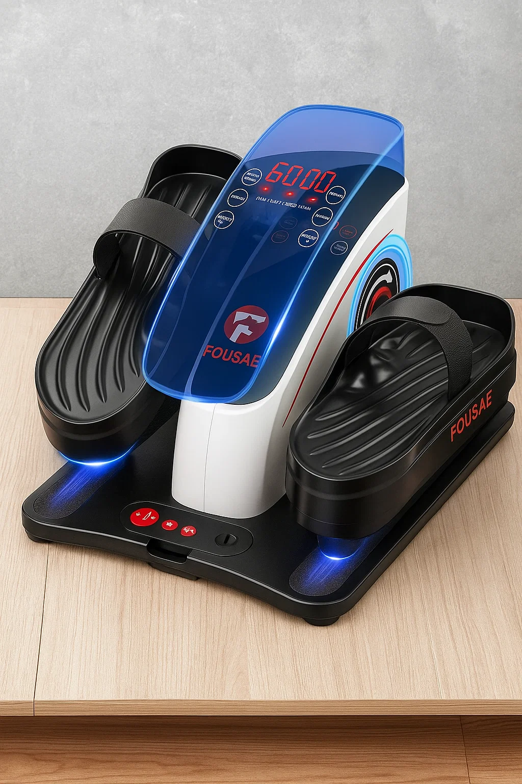 Compact motorized elliptical stepper with two black foot pedals, adjustable straps, and a central digital control panel showing 60:00, set on a wooden surface.