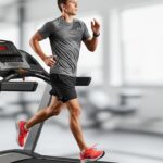 A man in athletic wear runs on a home treadmill in a bright, modern room, showing a side view of his stride and the treadmill’s console.