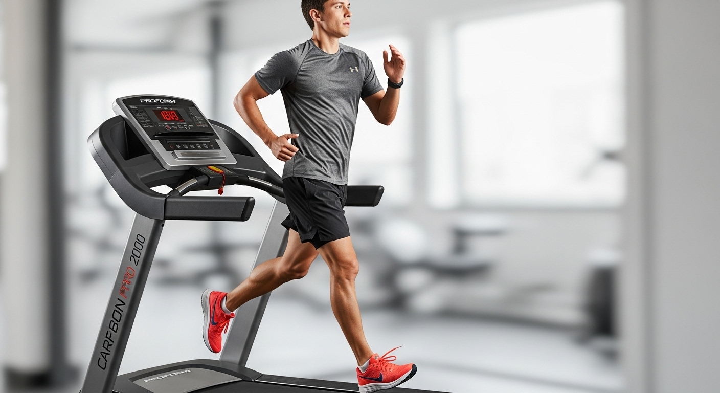 A man in athletic wear runs on a home treadmill in a bright, modern room, showing a side view of his stride and the treadmill’s console.