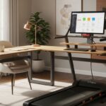 Modern home office with an L-shaped wood desk over a LifeSpan under-desk treadmill, featuring a large monitor on a raised shelf with keyboard and mouse, a task lamp and chair, potted plants, wall art, and built-in wood cabinets in a bright room with large windows.
