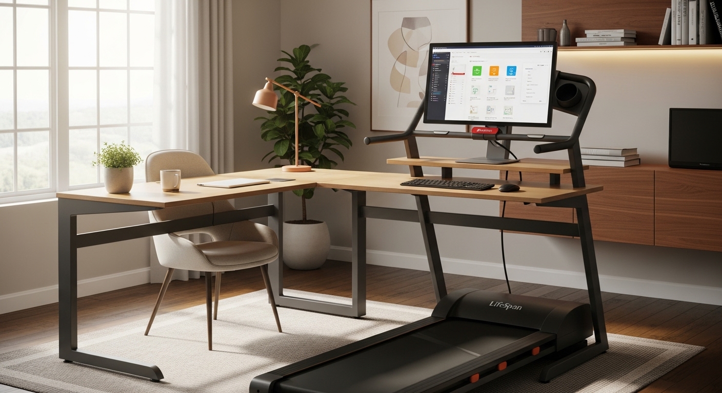 Modern home office with an L-shaped wood desk over a LifeSpan under-desk treadmill, featuring a large monitor on a raised shelf with keyboard and mouse, a task lamp and chair, potted plants, wall art, and built-in wood cabinets in a bright room with large windows.