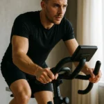 Man on an indoor exercise bike focusing on a workout, gripping the handlebars and looking ahead in a bright room with soft natural light.