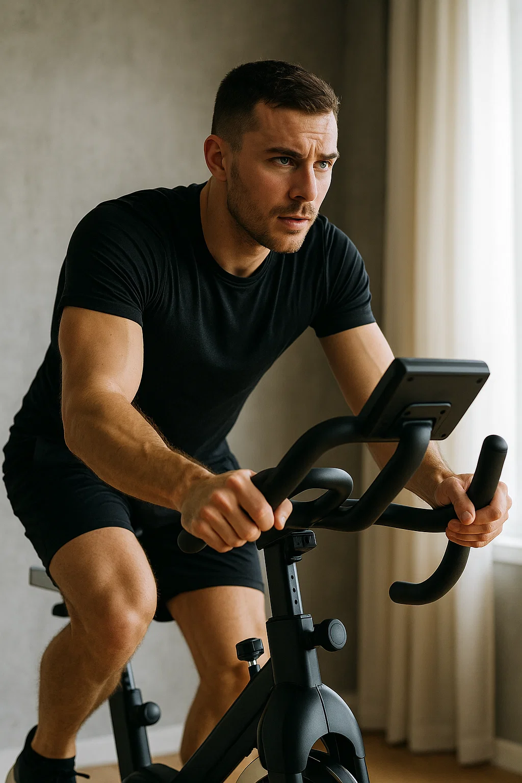 Man on an indoor exercise bike focusing on a workout, gripping the handlebars and looking ahead in a bright room with soft natural light.