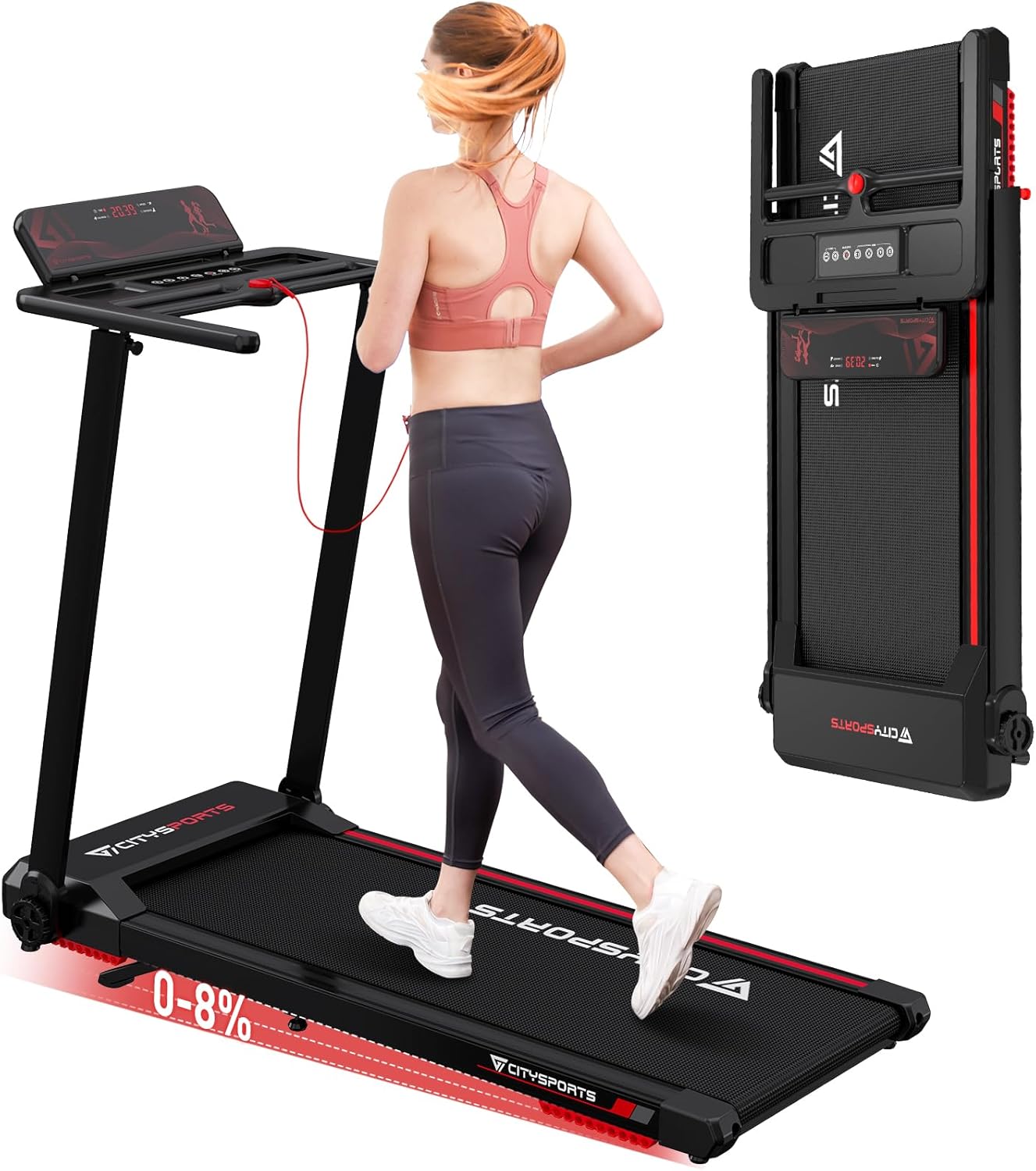 CITYSPORTS Folding Treadmill,8% Incline Treadmills for Home,12km/h Portable Treadmill,1400W Motor Walking Pad Foldable,120kg Weight Capacity,APP*LED Screen