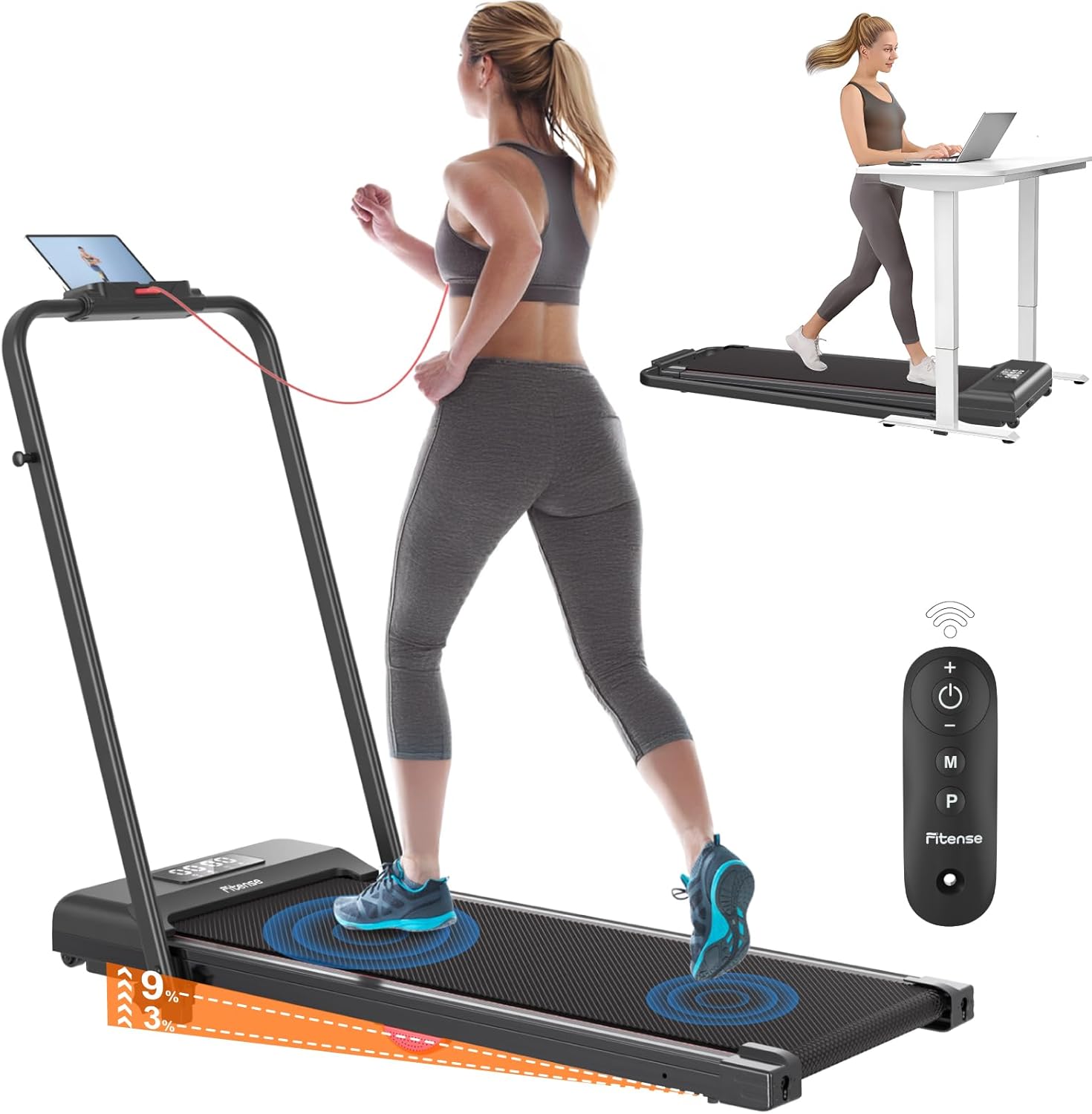 Fitense Incline Treadmills for Home Foldable, 2.5 HP Walking Pad Under Desk Treadmill with Incline 3%/9% Adjustable, Remote Control, LED Display, 1-12 km/h Speed Lightweight Treadmill for Home/Office