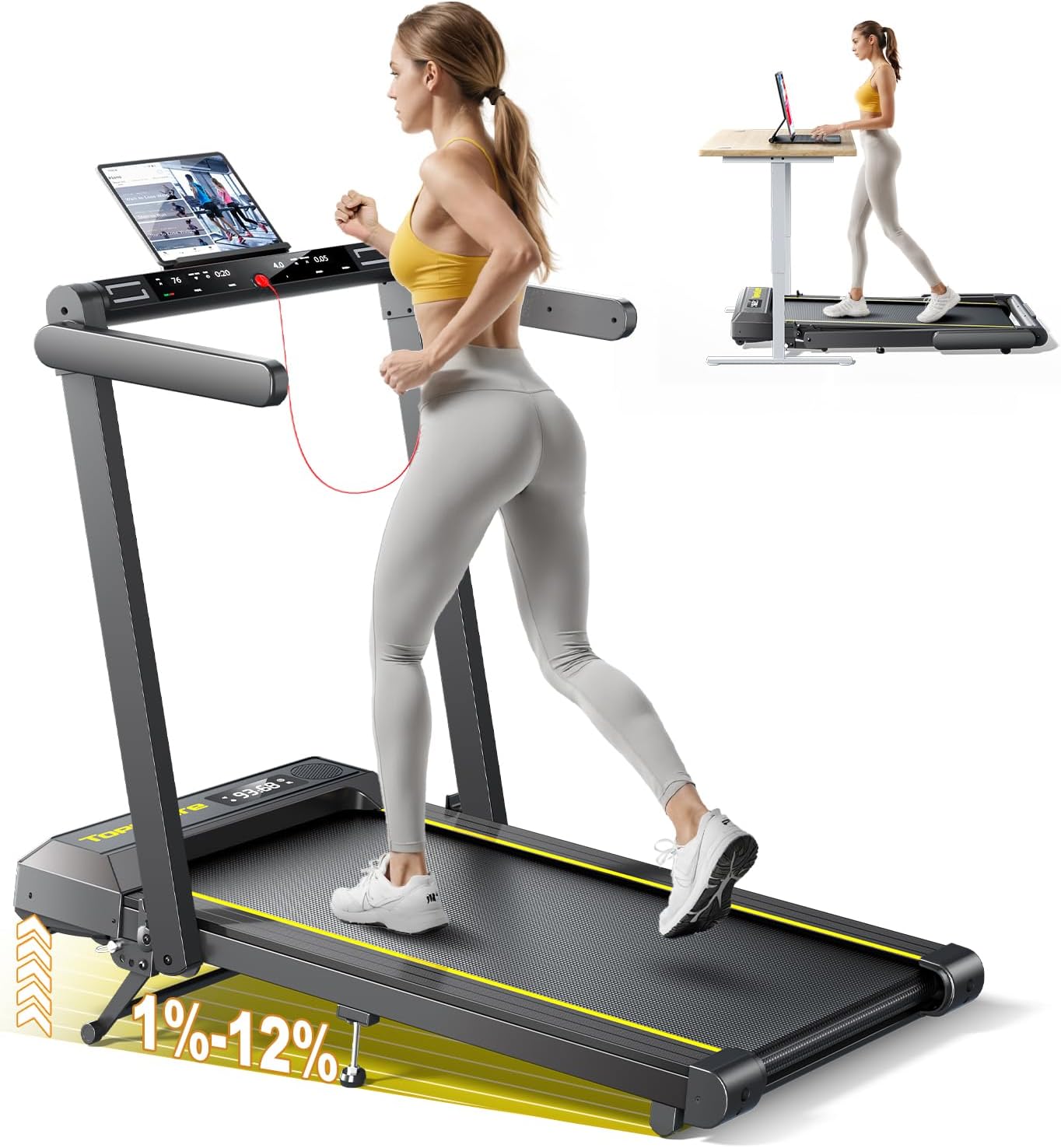 Folding Treadmill with 12% Incline, 4 in 1 Treadmills for Home/Office, Heart Rate, 16KM/H Portable Treadmill, 2.5HP Under Desk Walking Pad, Dual LED Screen, App, Bluetooth Speaker