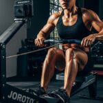 A fit woman in athletic wear using a JOROTO rowing machine in a modern gym setting, with the machine's display showing a workout time of 25:30 and 1500m distance