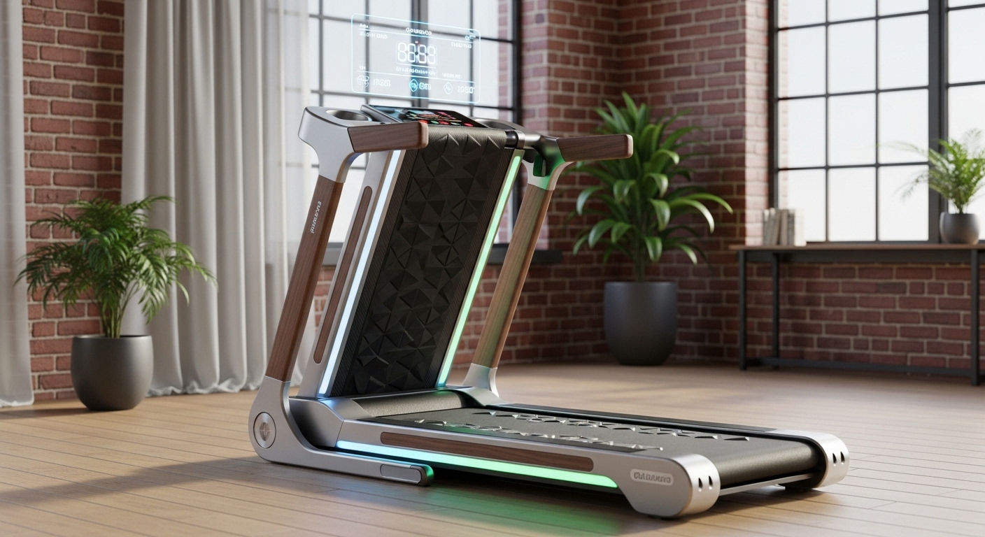 Sleek smart treadmill with wood-accented handrails and glowing LED strips set up in a modern loft with brick walls, tall windows, and potted plants.